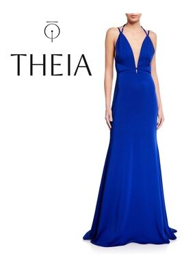 LOVE by Theia Low V-Neck Open-Back Fitted Crepe Gown